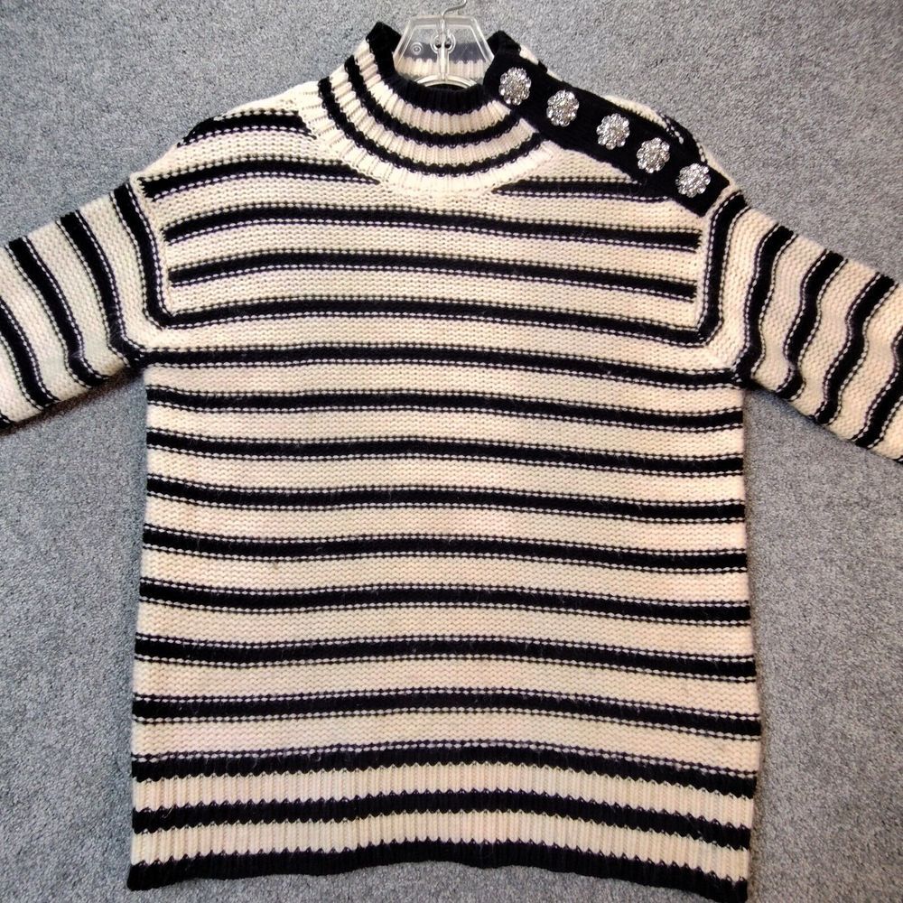 J. Crew‎ Cable-knit mockneck pullover in stripe with jewel buttons Size XXS